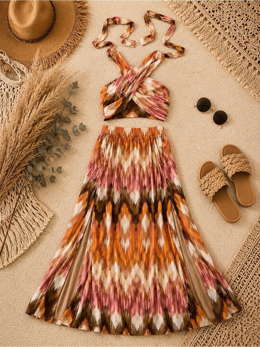 Bohemian Ikat Print Two-Piece Dress - Pink & Orange